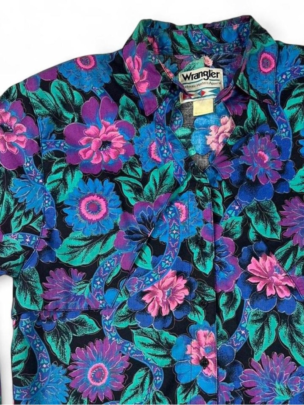 Vintage Wrangler Floral Button-Up Shirt - Black, Teal, Blue & Pink